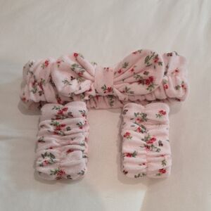 Pink Floral Bow Headband and Wristbands Set